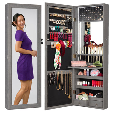 LED Mirror Jewelry Cabinet, Tall Lockable Wall or Door Mounted Jewelry Armoire Organizer with Mirror, 2 Drawers