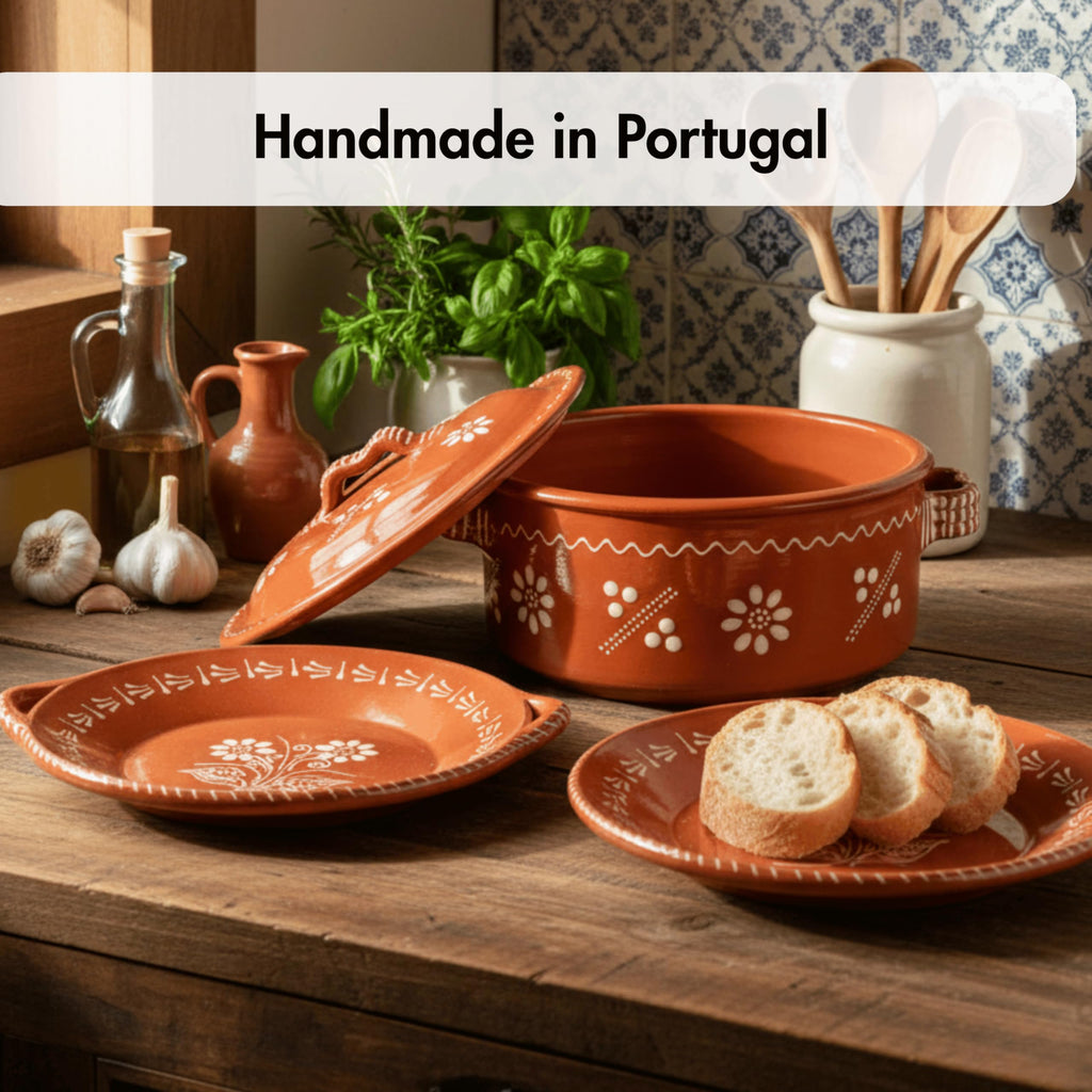 Portuguese Pottery Glazed Clay Cooking Pot With Lid Terracotta Casserole Cazuela (5 Quarts)