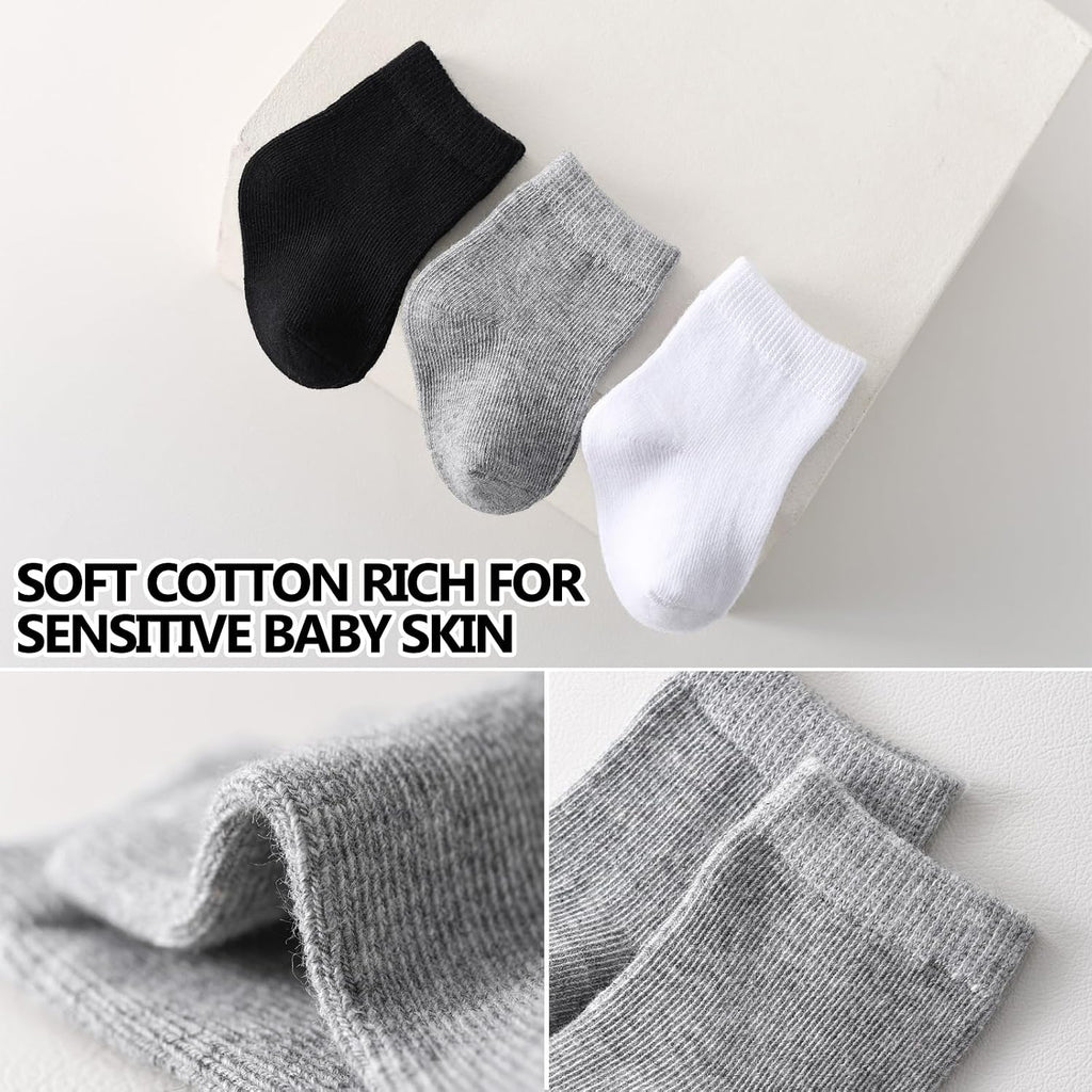 Baby Crew Socks, Cotton Rich Fit, Black White Gray 10 Pack for Girls & Boys