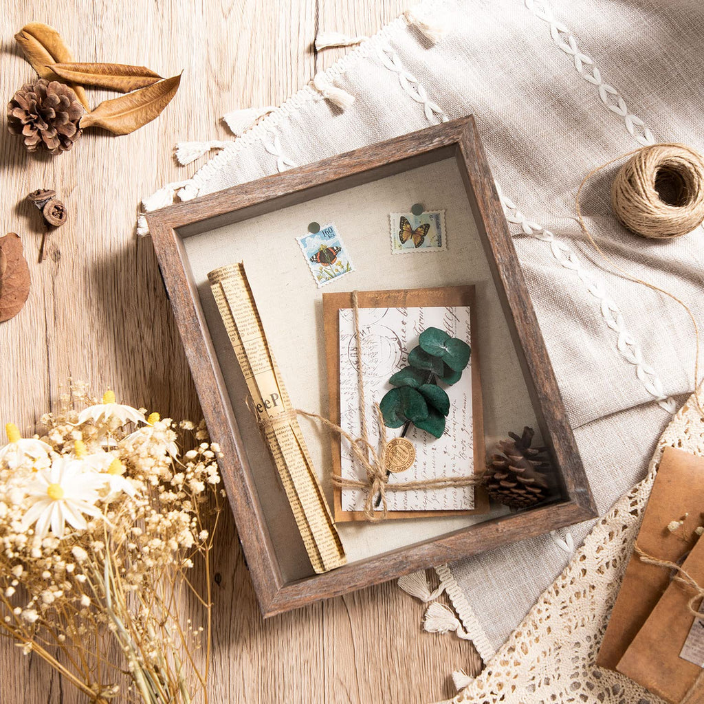 8x10 Shadow Box Frame with Linen Back - Sturdy Memory Display Case of Flower, Pictures, Medals and More, Rustic Brown