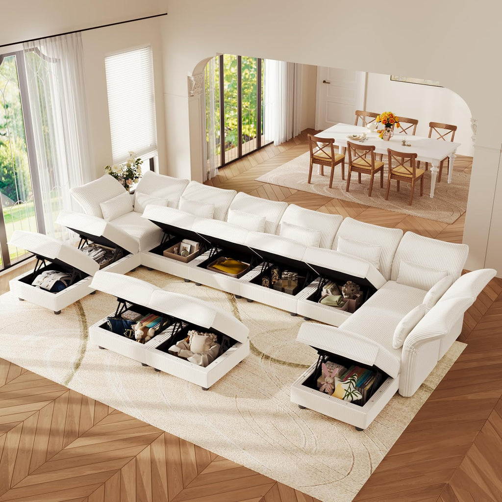 12 Seater Modular Sectional Sofa, Beige Corduroy