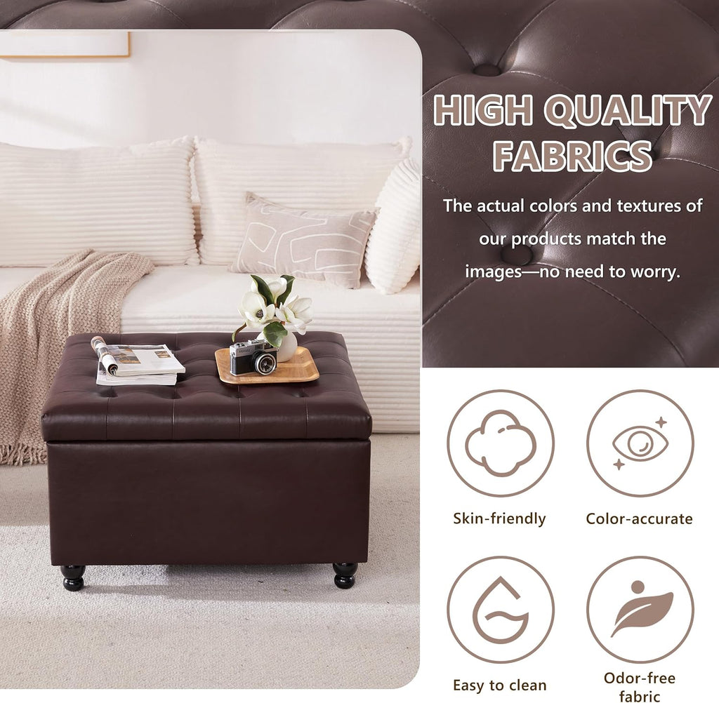 30" Large Square Ottoman with Storage, Leather Ottoman Coffee Table, Brown | Tufted Upholstered Ottoman , Oversized