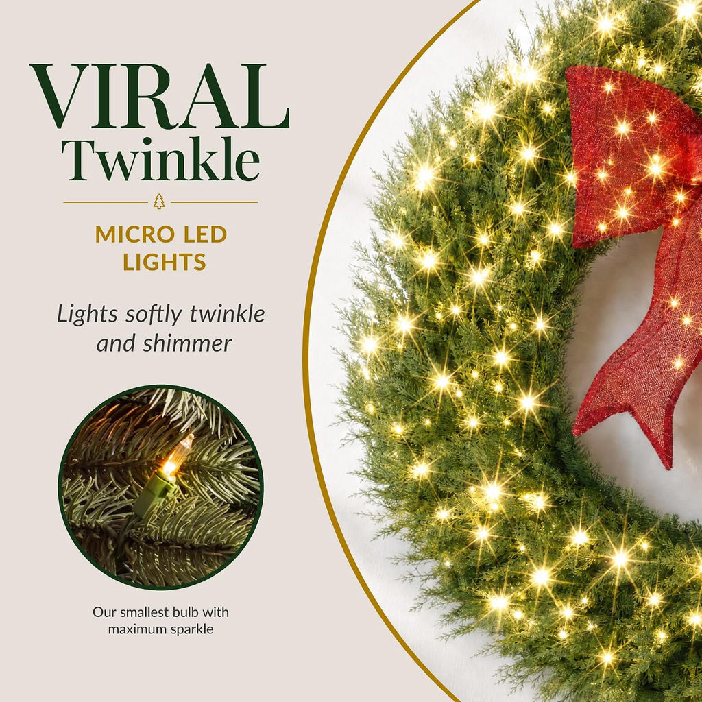 24in Artificial Christmas Wreath w/Twinkling LEDs, Large Pre-Lit Cedar Cypress w/Lighted Bow Decoration, XL Holiday
