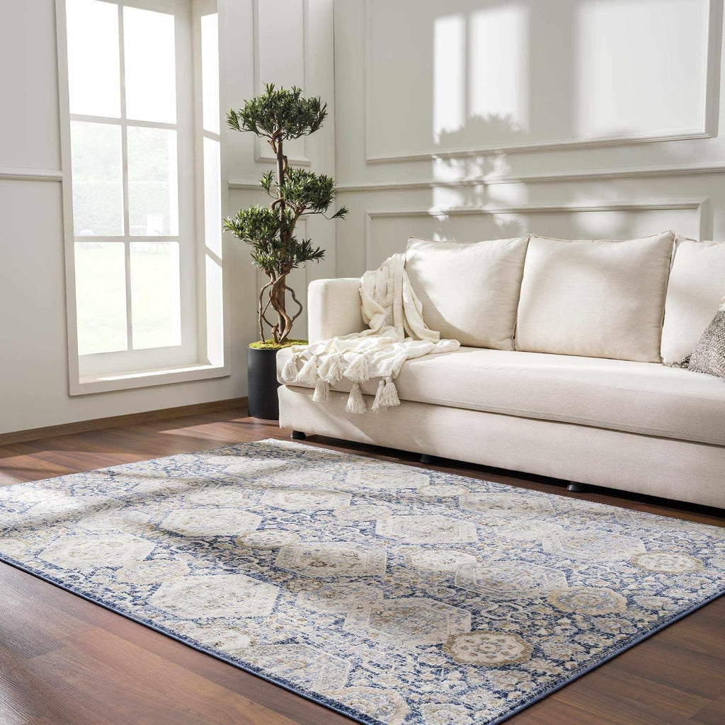 Kismet Boho Vintage Traditional Damask Area Rug - Farmhouse Traditional Floral Medallion Carpet - Beige, Blue, Gray