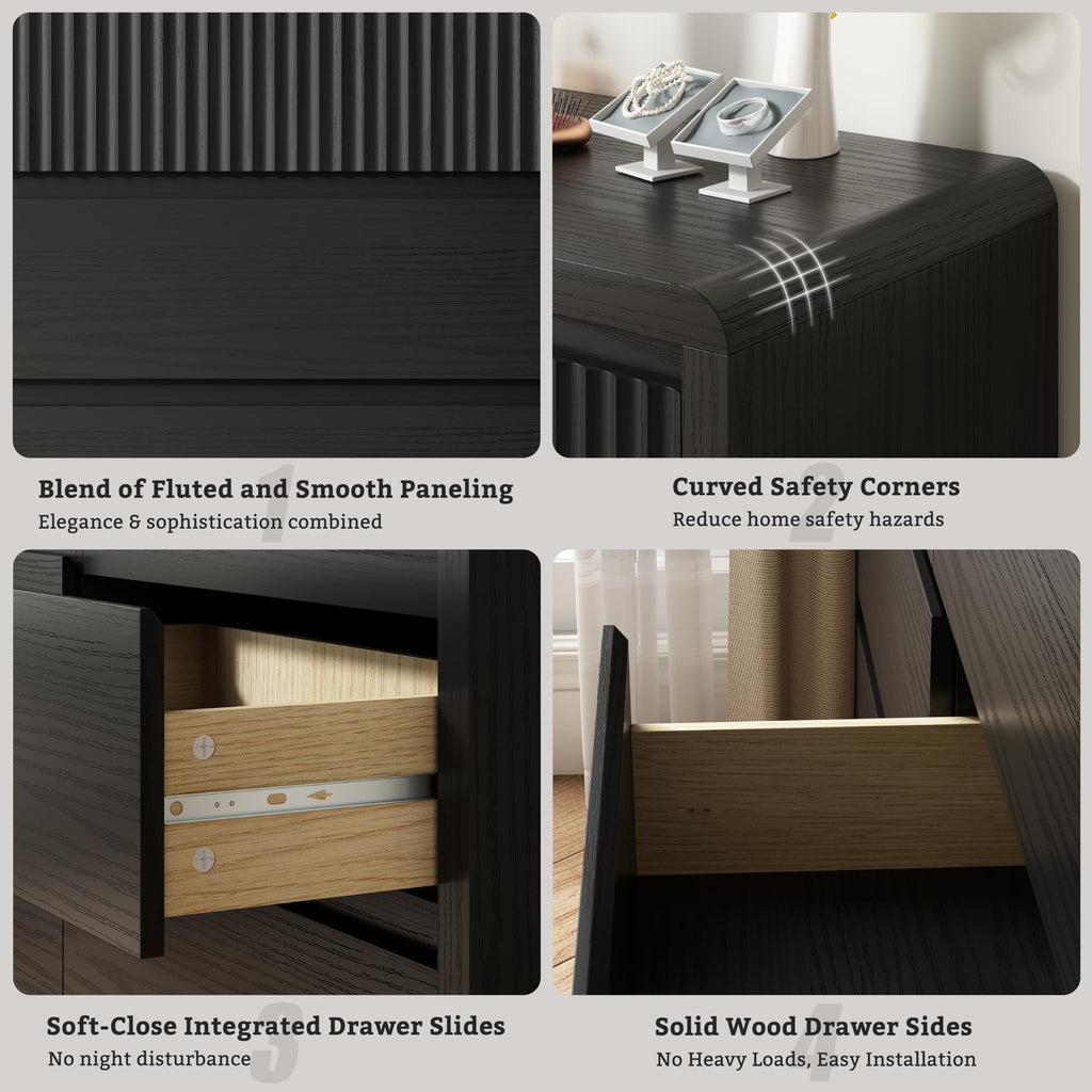 Black Fluted 8 Drawer Dresser, Curved Edge, 50" Wide