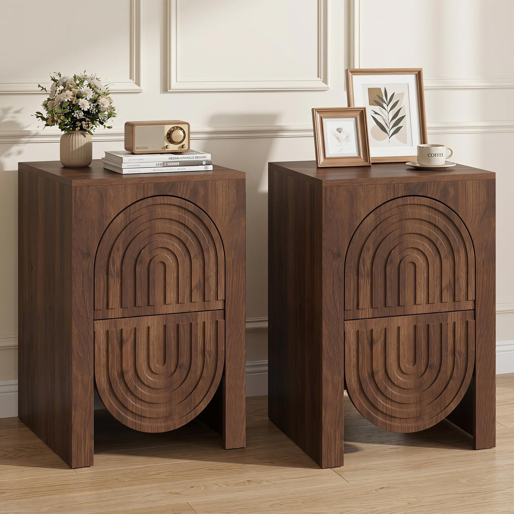 Fluted Nightstands Set of 2 Mid Century Modern End Table with 2 Drawers 15.7" Wide Walnut Bedside Table Wooden Side