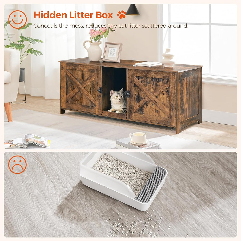 Cat Litter Box Enclosure for 2 Cats, 47.2" Hidden Litter Box Furniture with Double Room, Wooden Cat Washroom