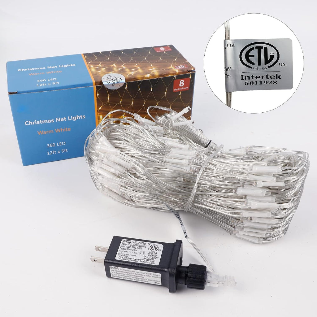 Outdoor Christmas Net Lights, 12FT x 5FT 360 LED Fairy String Light with 8 Lighting Modes, Connectable Light