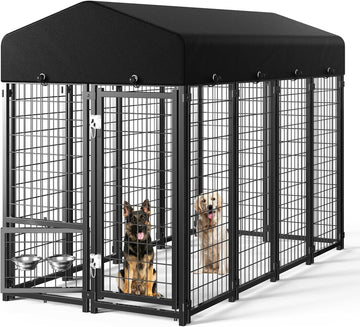Dog Kennel Outdoor, Large Outside Dog Kennel with Roof & Swivel Feeders/Removable Doggy Door Allow Connecting Your