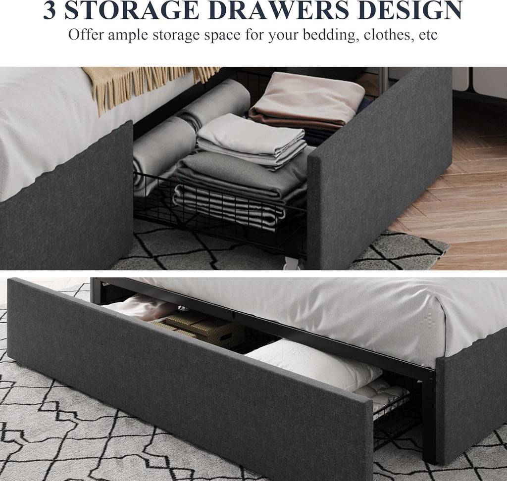 Queen Platform Bed Frame with 3 Storage Drawers, Fabric Upholstered, Wooden Slats Support, No Box Spring Needed
