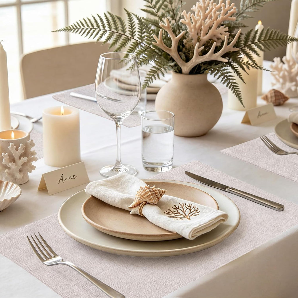 Faux Cotton Linen Placemats, Cloth Dining Table Mats - Set of 6