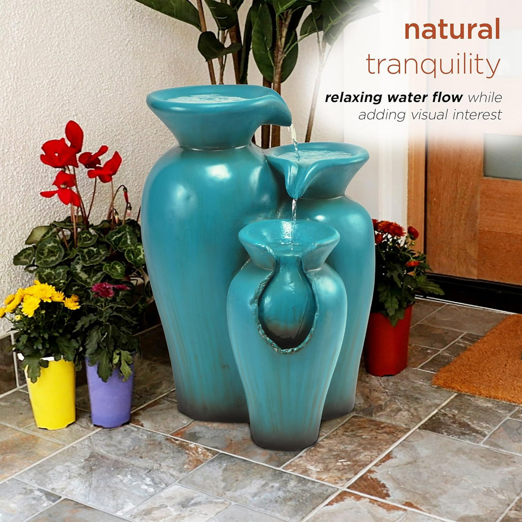 21" Outdoor 3-Tiered Pots Water Fountain - Cascading Ceramic Water Feature with Built-In Pump for Gardens, Patios