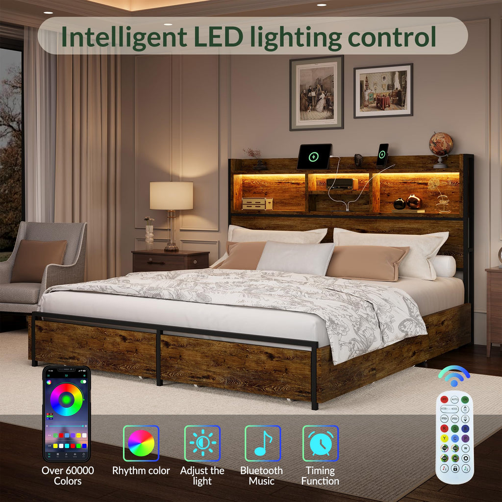 Queen Size Bed Frame with 6 Storage Drawers and Headboard Wooden Platform Bed Frame with LED Lights and Charging