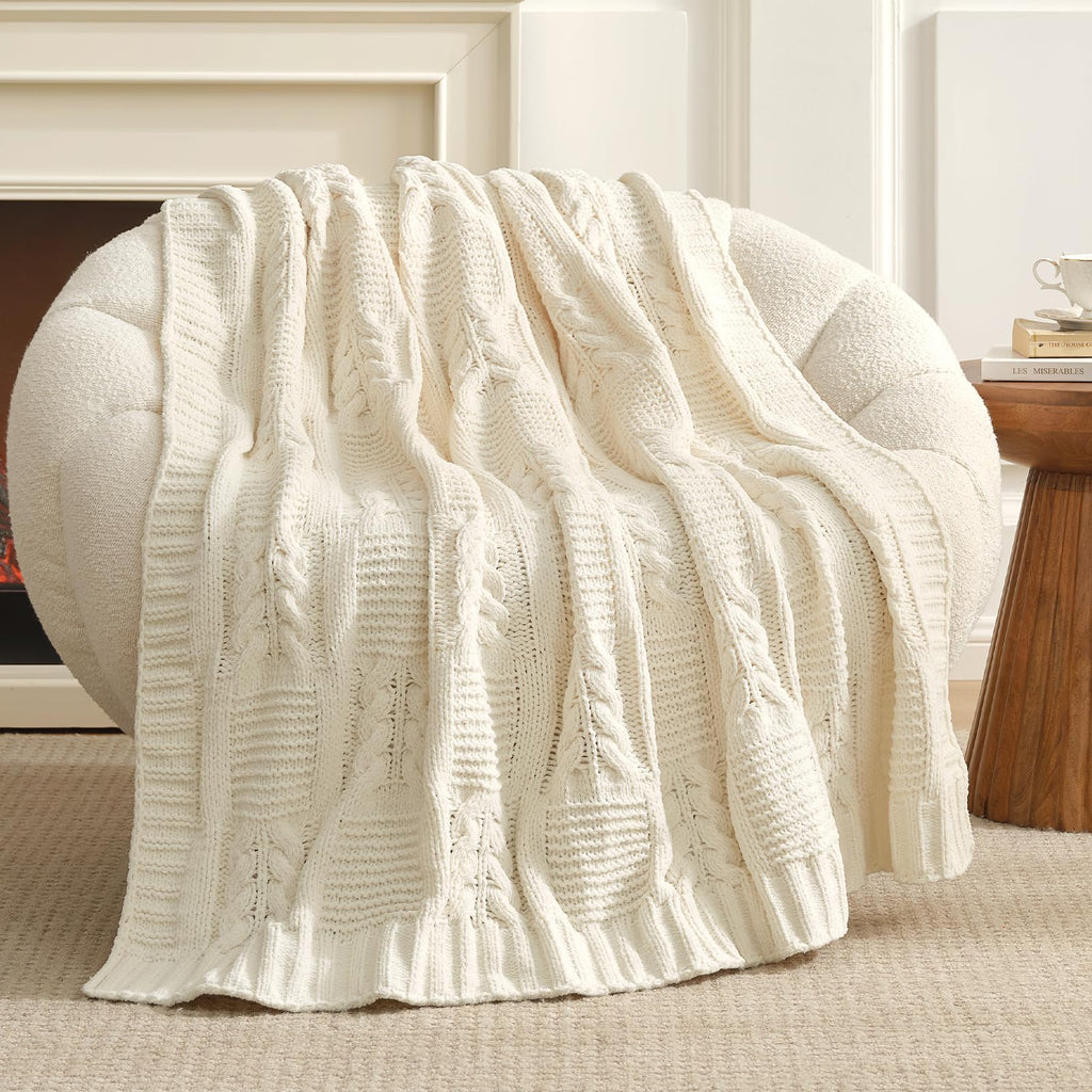 Chenille Knit Throw Blanket, Cream White 50"x60"