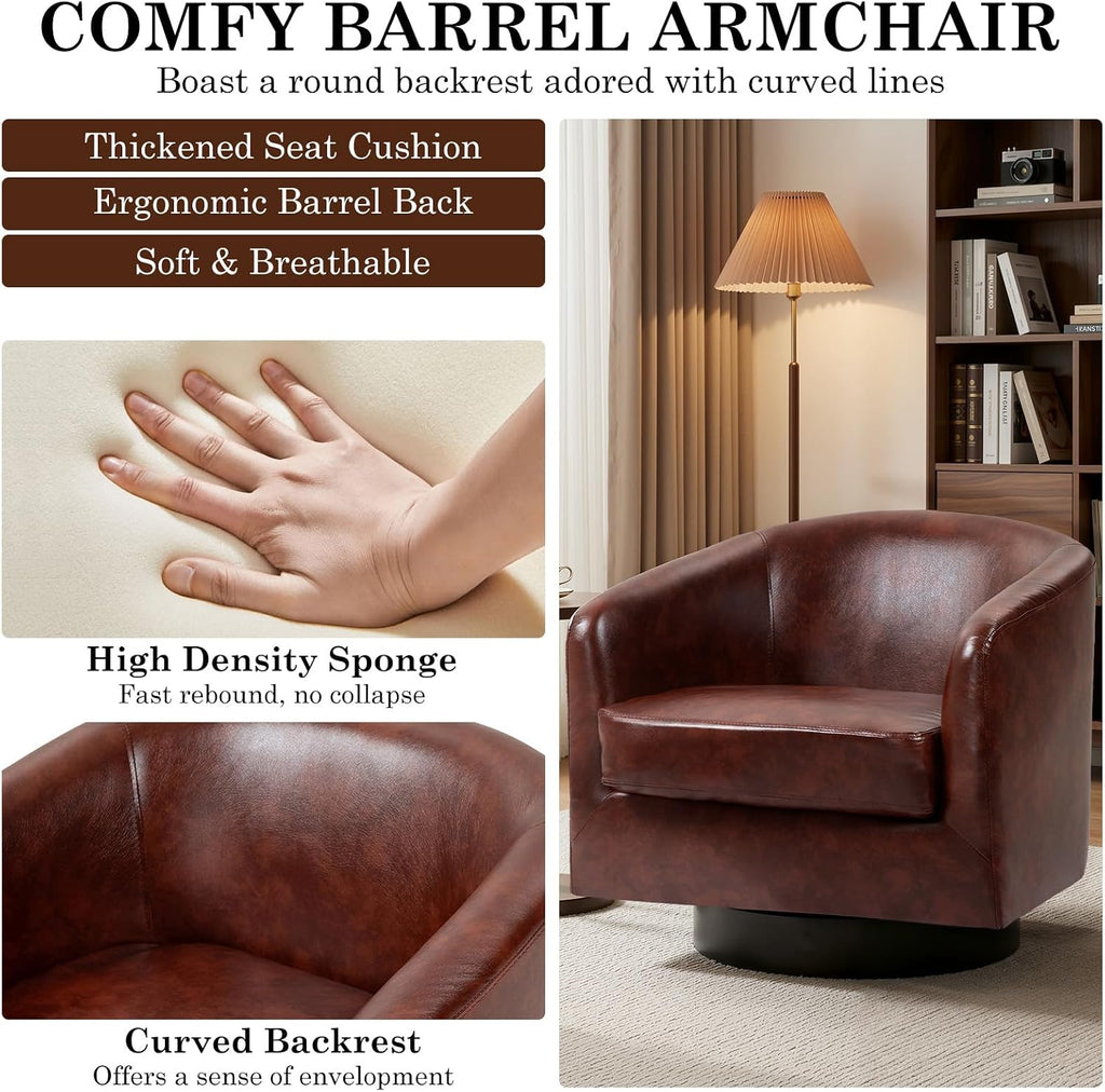 Faux Leather Swivel Accent Chair, Barrel Club Armchair, Red Brown