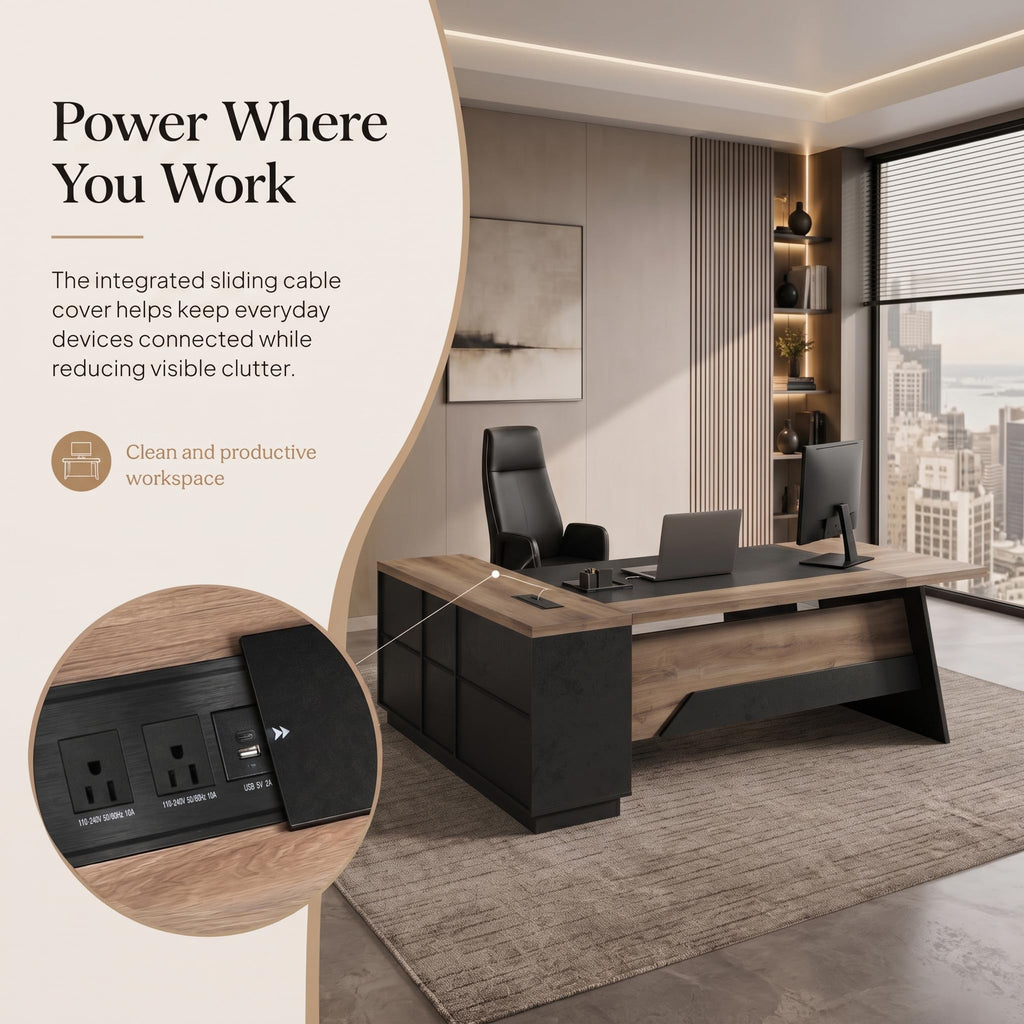 Office Desk with Drawers, 78.74 Inches L-Shape Executive Desk, Industrial Wood Desk with Storage Shelves, Modern