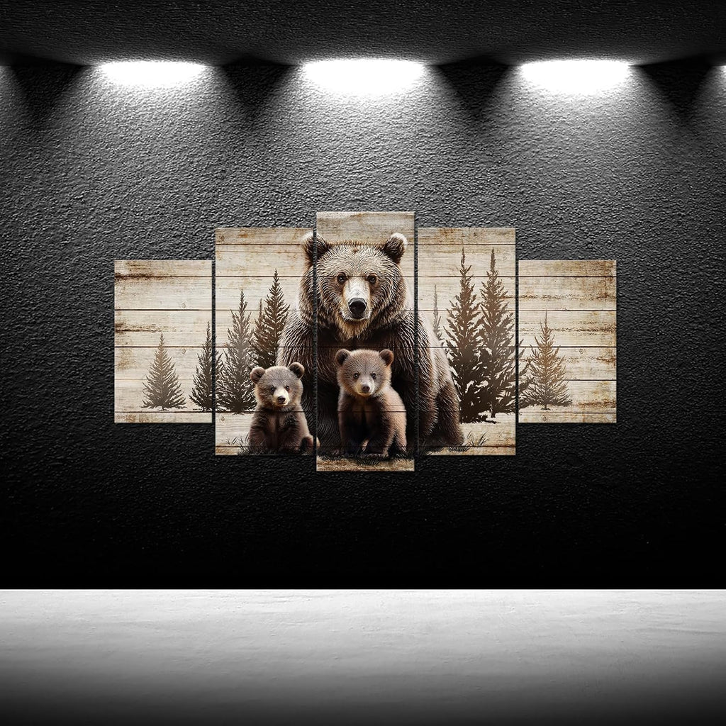 Large 5 Piece Vintage Grizzly Bear Canvas Wall Art Brown Bear Family Forest Painting Farmhouse Cabin Decor Gallery