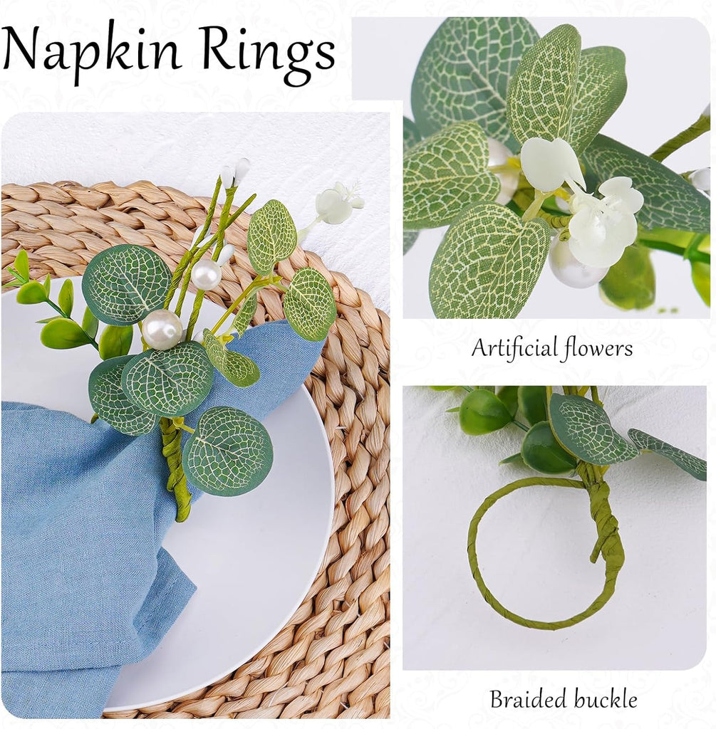 Napkin Rings - Mini Greenery Eucalyptus Leaf Napkins Rings for Wedding Table Decor, Flower Napkin Ring - Set of 12