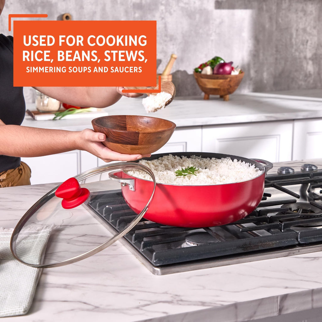 6.9 Qt Large Red Aluminum Dutch Oven Caldero with Black Ceramic Nonstick & Glass Lid - Big Rice, Stew, Cooking Pot