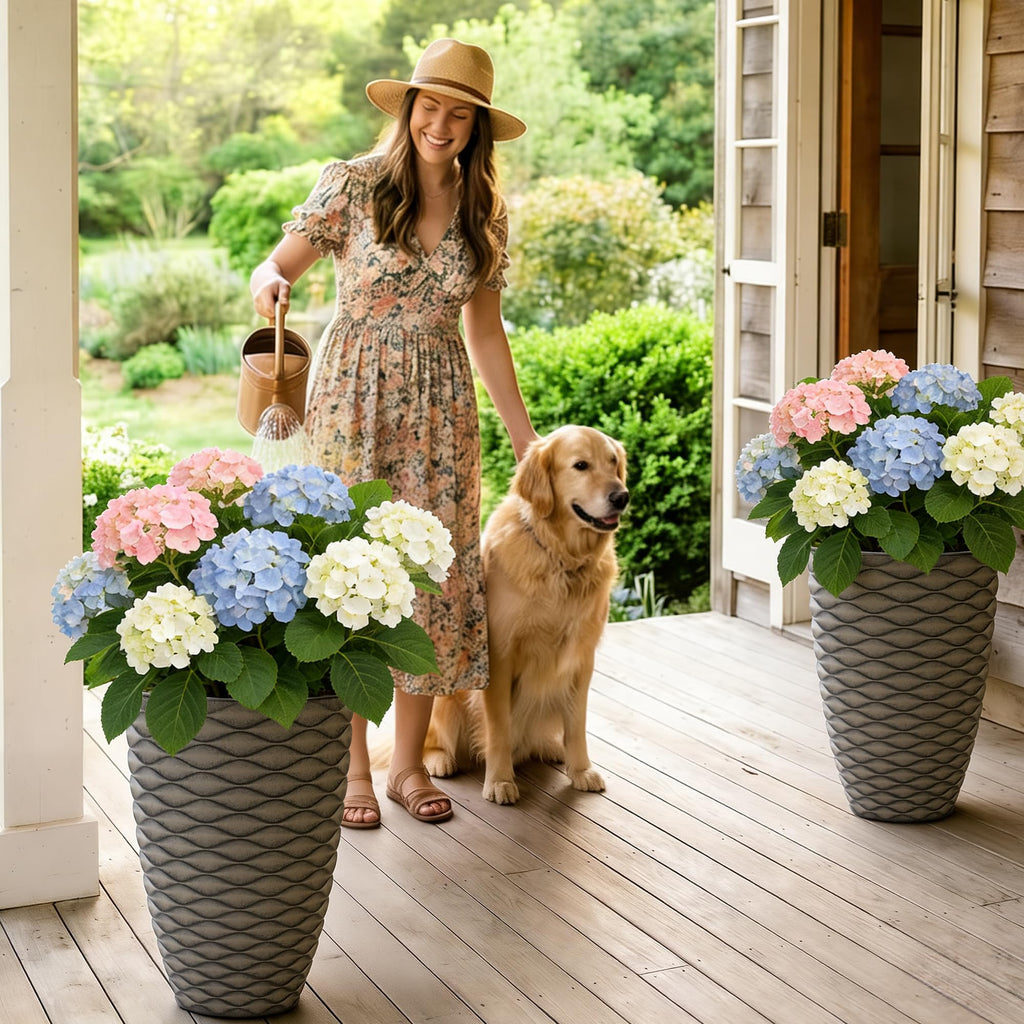 2-Pack 19" Rustic Black Resin Tall Planters with Wave Texture