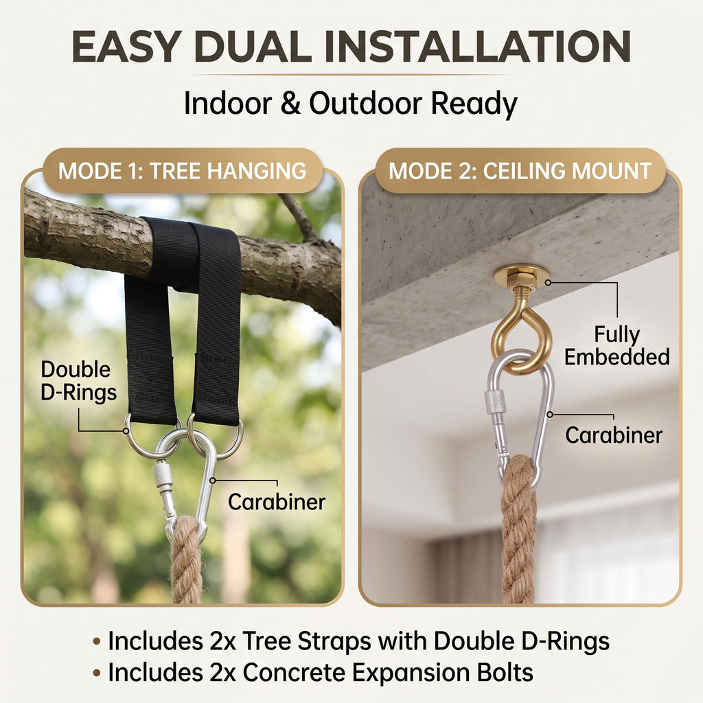 Solid Wood Tree Swing - 500 lbs Capacity Heavy Duty Adult-Sized Swing Seat with 118" Adjustable Hemp Rope & Complete