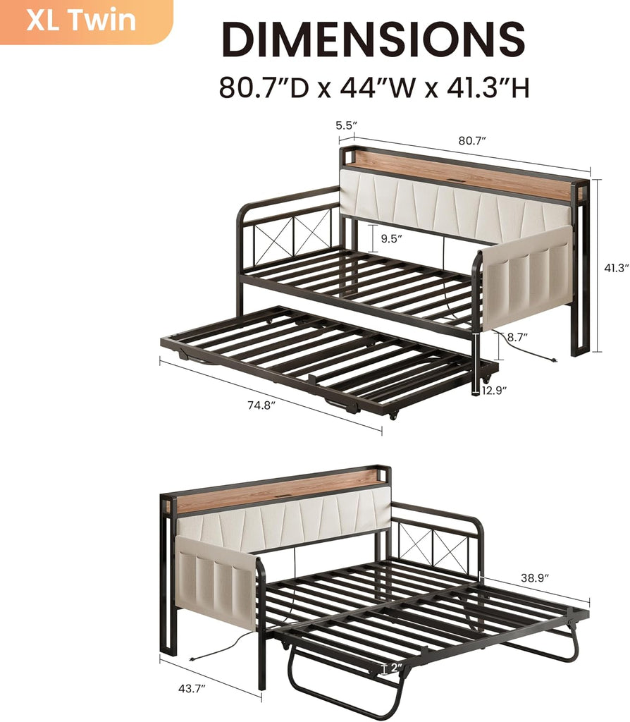 Twin XL Daybed, Day Bed Frame with Pop Up Trundle, Beige | Pop Up Trundle Bed with Smooth Wheels, Charging Station