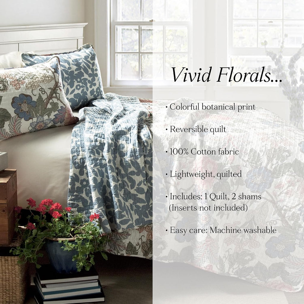 Reversible Cotton Quilt Set, 3 Piece Set, Full/ Queen, Green & Blue - Cotton Bedding Set - Blue Floral Quilt