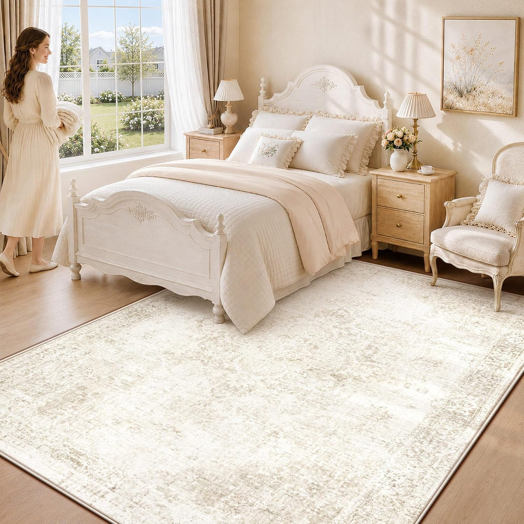 Area Rugs : Washable Vintage Boho Medallion Non Slip Low Pile Rug Soft Retro Distressed Stain Resistant Indoor