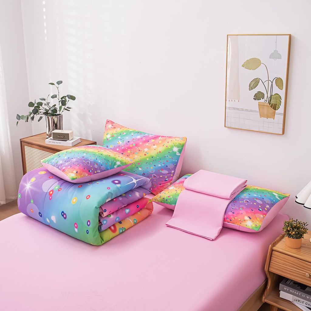 6 Pcs Girls Twin Comforter Set, Colorful Rainbow Galaxy Bedding Sets, Twin Bedding Sets for Girls Kids with 1
