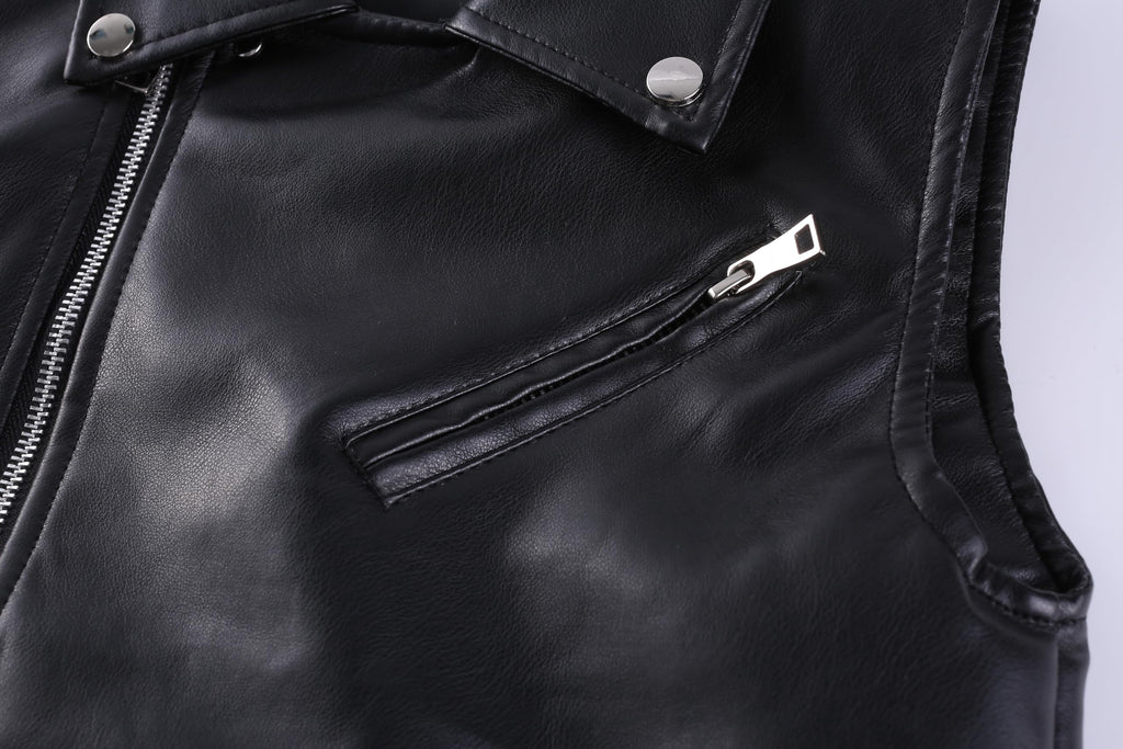Kids Faux Leather Motorcycle Vest Sleeveless Biker Coat Black