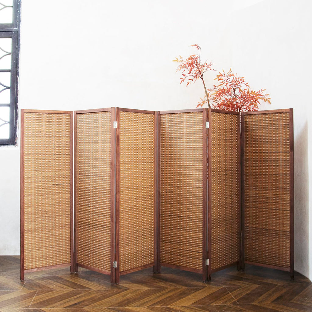6 Panel Short Room Divider Screen, Brown Freestanding Partition, Small Bamboo Panel Divider for Room Seperation, 3.95 FT