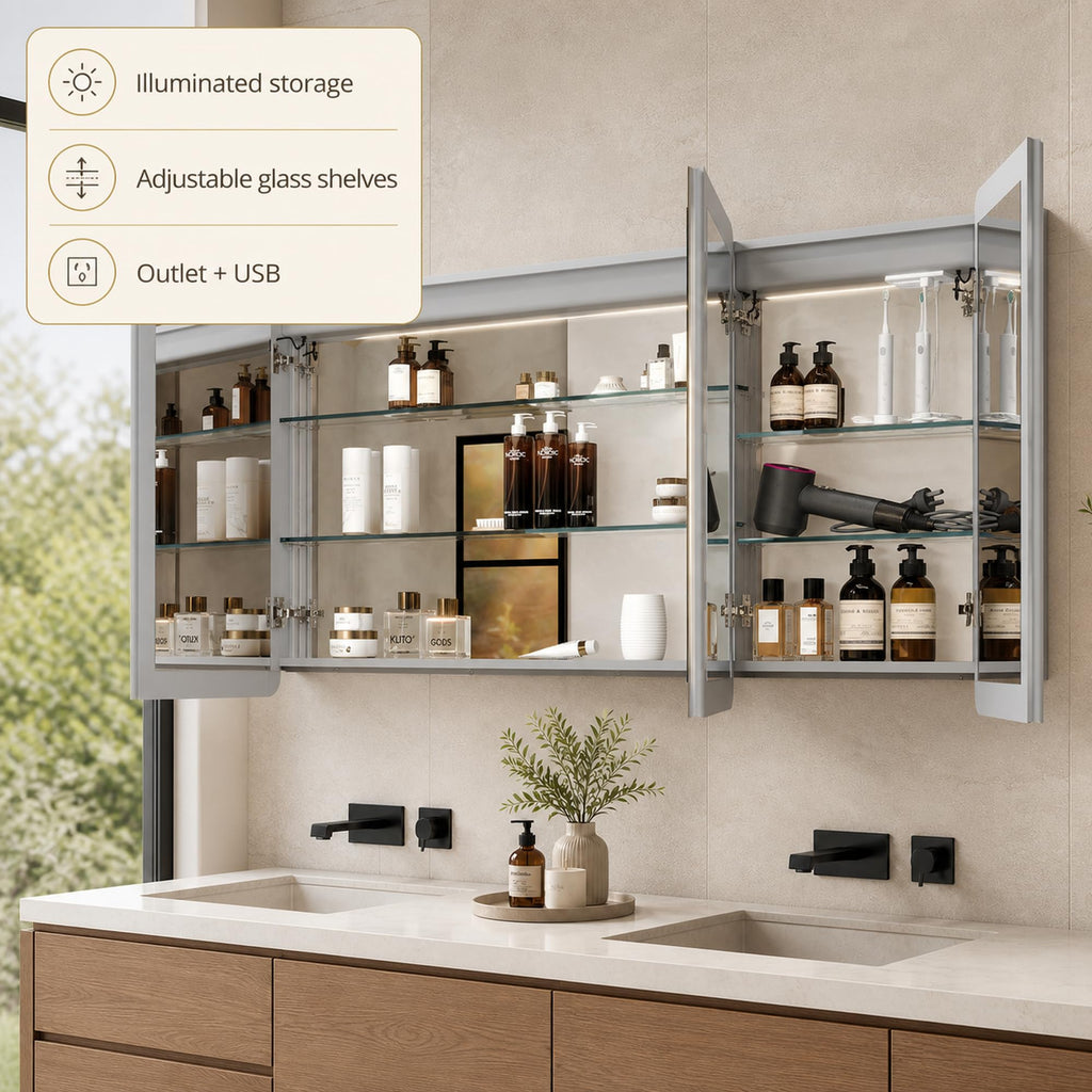 60"x32" LED Bathroom Mirror Cabinet, 3 Doors
