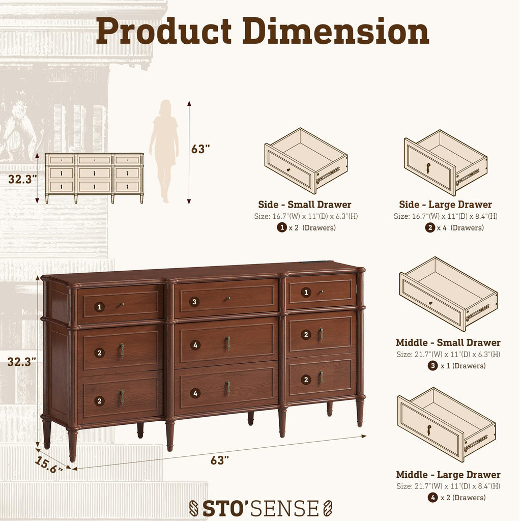 63" 9-Drawer with Power Outlet, Architectural Wood Storage Chest with Framed Drawers, Vintage Metal Pulls and Solid