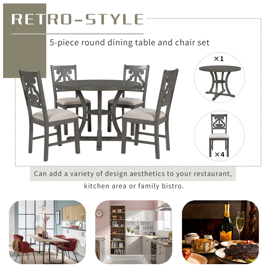 5 Piece Round Dining Table Set 4 Retro Chairs with Special-Shaped Table Legs, Exquisitely Designed Hollow Chair Back