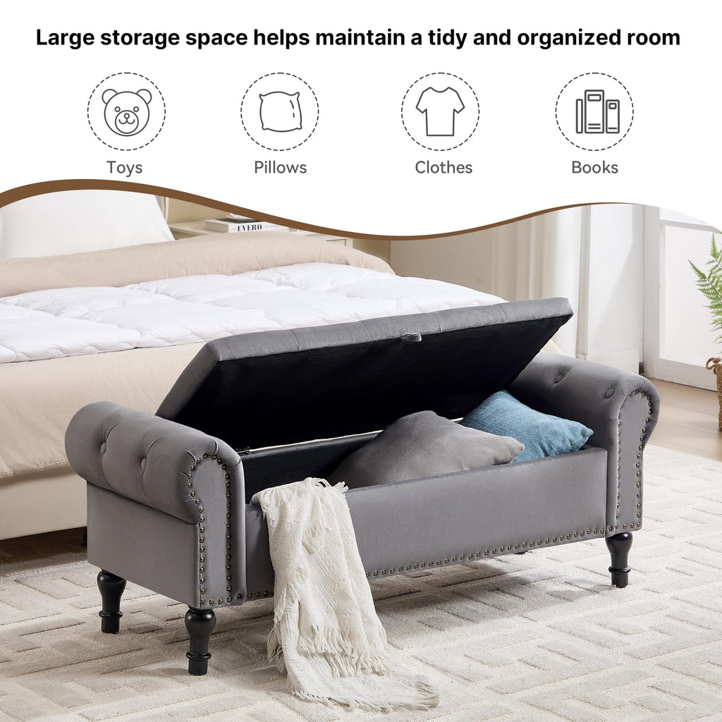51" Storage Bench, Velvet End of Bed Bench, Queen Size Bench with Rolled Arms, Tufted Storage Ottoman Benches