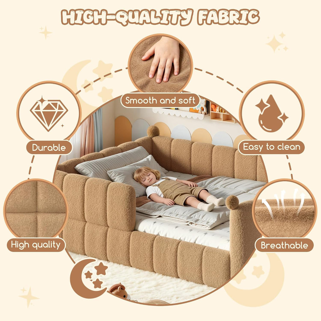 Queen Size Teddy Fleece Upholstered Montessori Floor Bed with Fence,Low Profile Kids Bed Frame with Full Padded