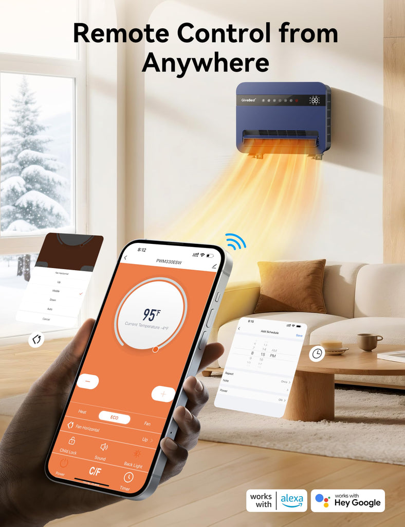 Wall-Heater-for-Indoor-Use, 1500W Electric-Space-Heater, 120°Vertical Oscillation,Works with Alexa, Adjustable