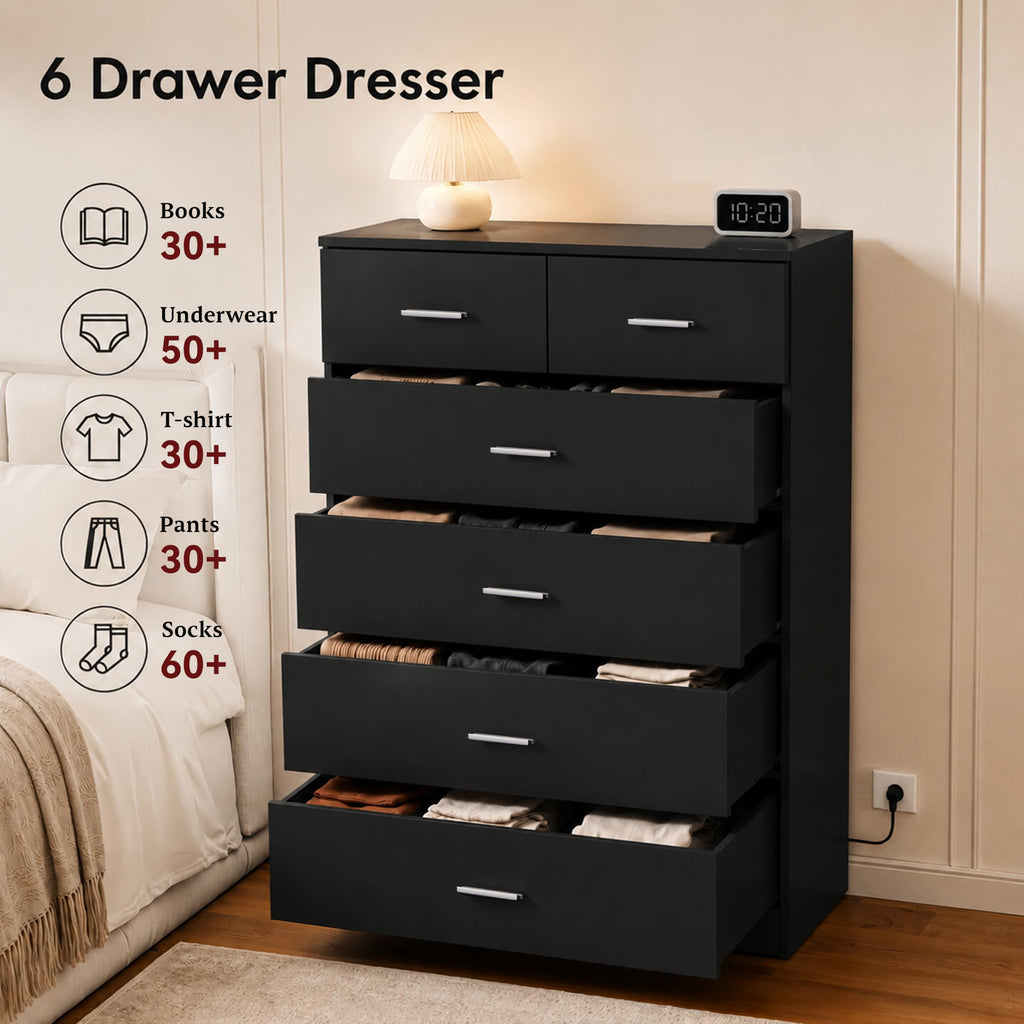 Tall Wooden 6 Drawer with Power Outlet Chest of Drawers with Large Organizer and Smooth Metal Rail Closet Hallway