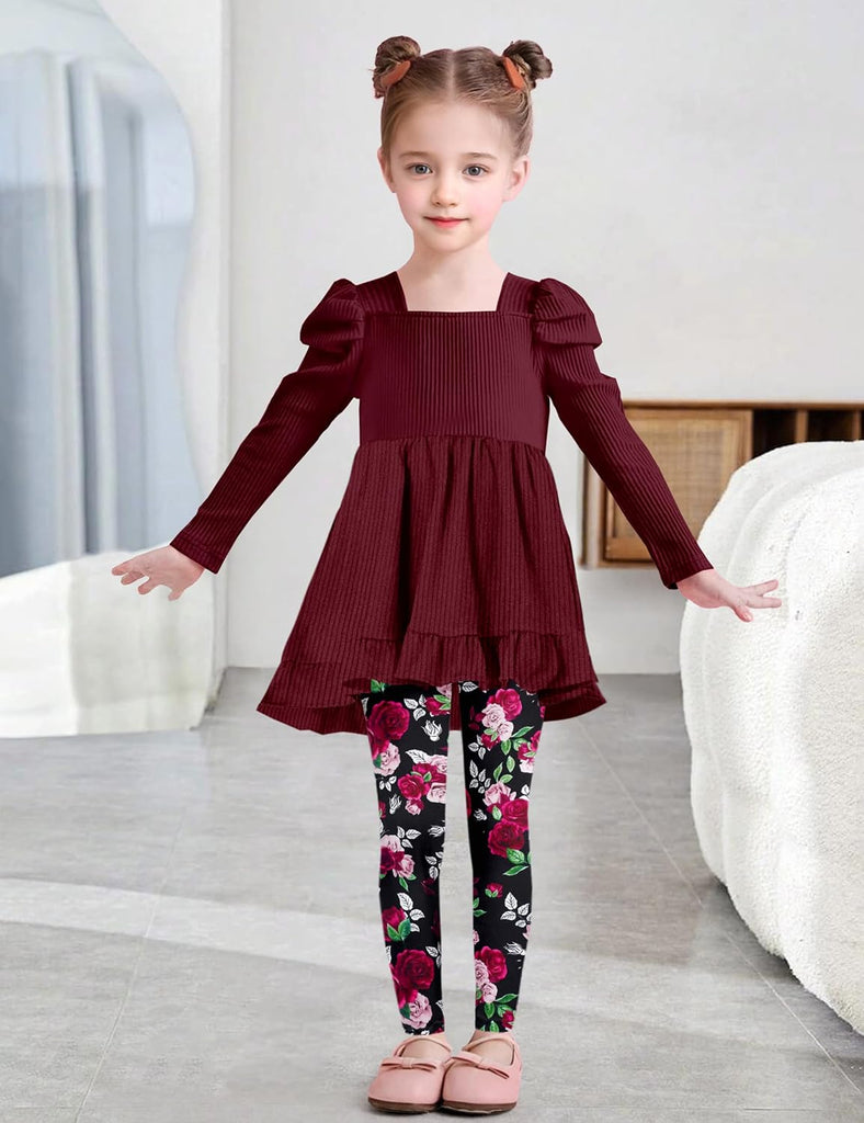 Toddler Girl Clothes Square Neck Ruffle Hem Long Sleeve Top Floral Print Leggings Fall Outfits Kids Clothing Sets
