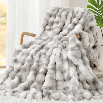 1000GSM Faux Rabbit Fur Throw Blanket, Super Heavy Warm Cozy Grey Blankets for Couch Bed Sofa, Ruched Plush Fuzzy