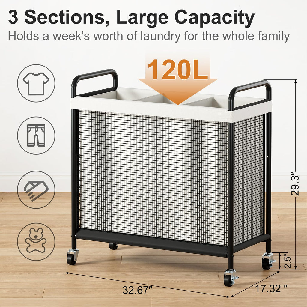 Rolling Laundry Hamper 3 Section, 120L Laundry Basket with Wheels