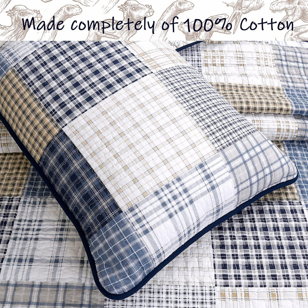 Cute Dinosaur Plaid Navy Blue White Grey Bedding Quilt Set 100% Cotton Reversible Coverlet Bedspread Set for