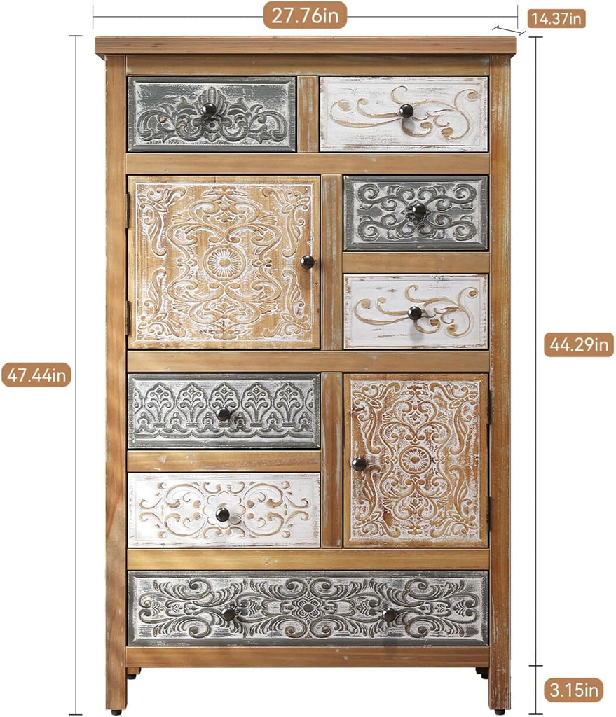 Solid Wood Tall Accent Chest with Drawers,Carved Storage Cabinet | Storage Drawers,Solid Wood Material,Hand-Carved