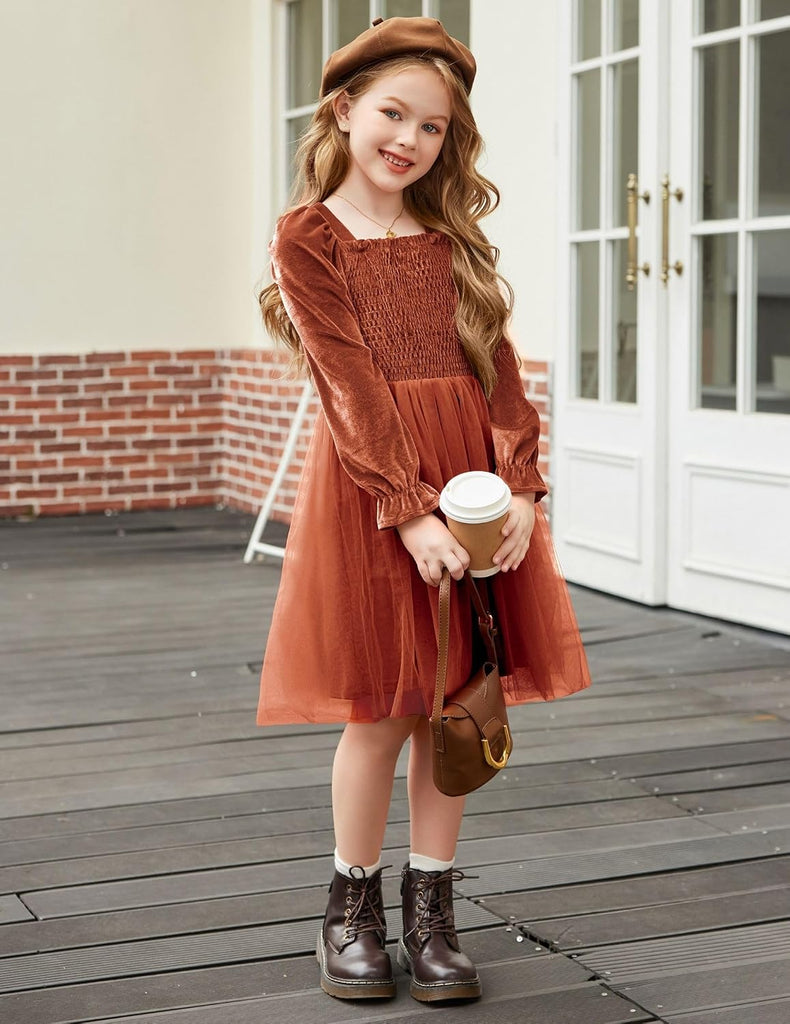 Toddler Velvet Dress Puff Long Sleeve Square Neck Winter Dresses