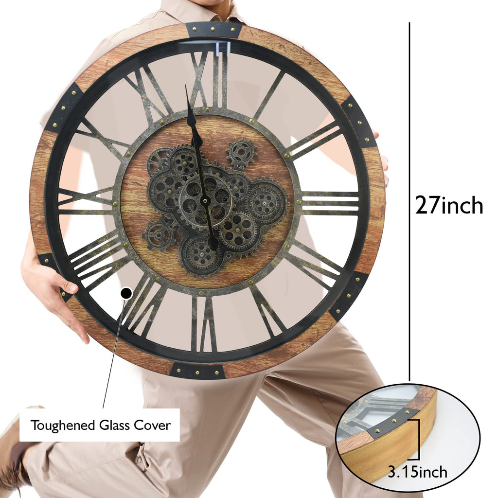 27 inch Large Real Moving Gears Wall Clock with Toughened Glass Cover, Oversized Vintage Solid Wood Farmhouse Clock