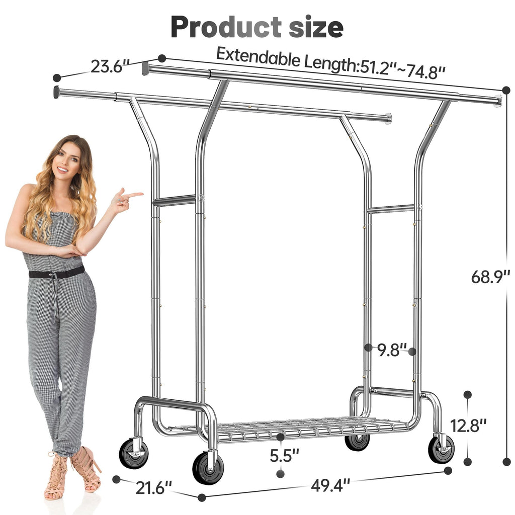 Heavy Duty Clothes Rack 630 LBS Double Rods Sturdy Shelves & Wheels