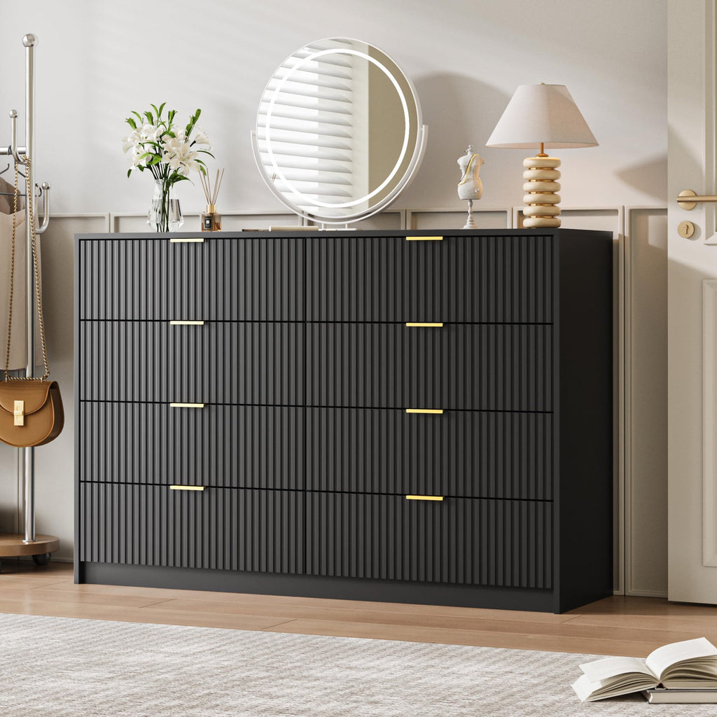 55" Wide Fluted 8-Drawer Double Dresser, Black