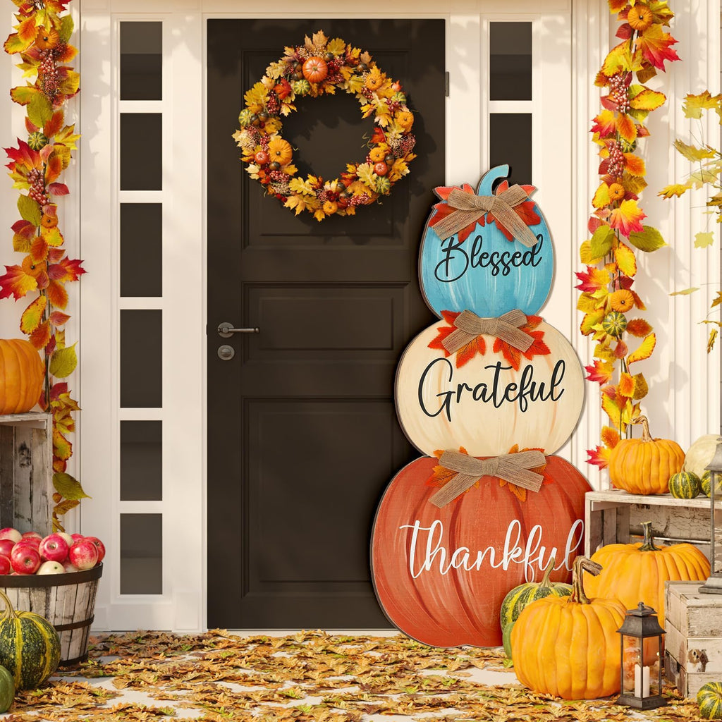 Fall Porch Decoration Blue Orange Stacked Pumpkins Wooden Standing Decor Harvest Outdoor Sign Farmhouse Autumn