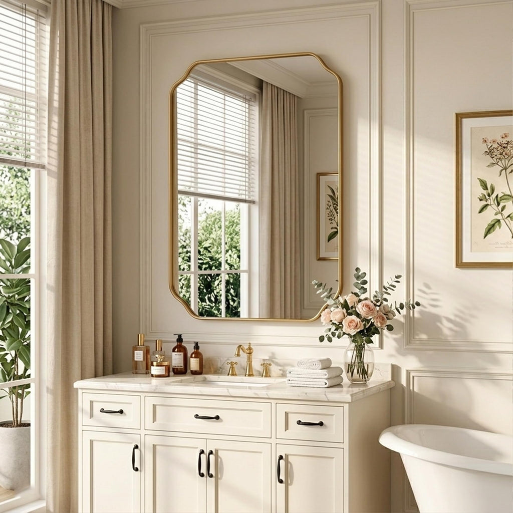 32"x24" Gold Bathroom Wall Mirror, Scalloped Edge Vanity Mirror