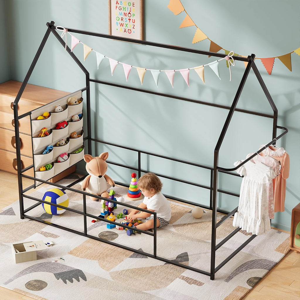 Metal Montessori Floor Bed with Guardrails & Clothing Rack, No Box Spring Needed, Black